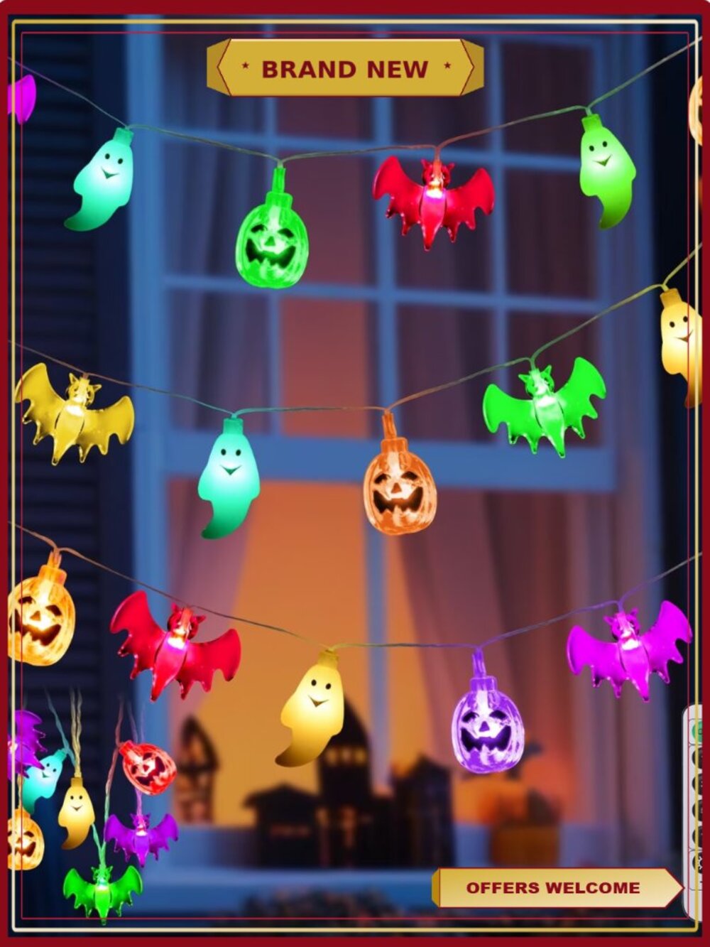 Halloween String Lights 30 LED Pumpkin Ghost Bat 8 Modes Waterproof Decor